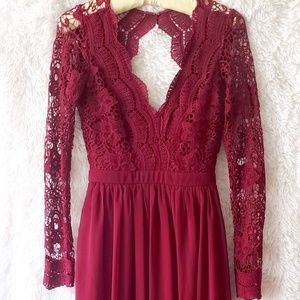 Lulus long burgundy dress (Awaken My Love Burgundy Long Sleeve Lace Maxi Dress)